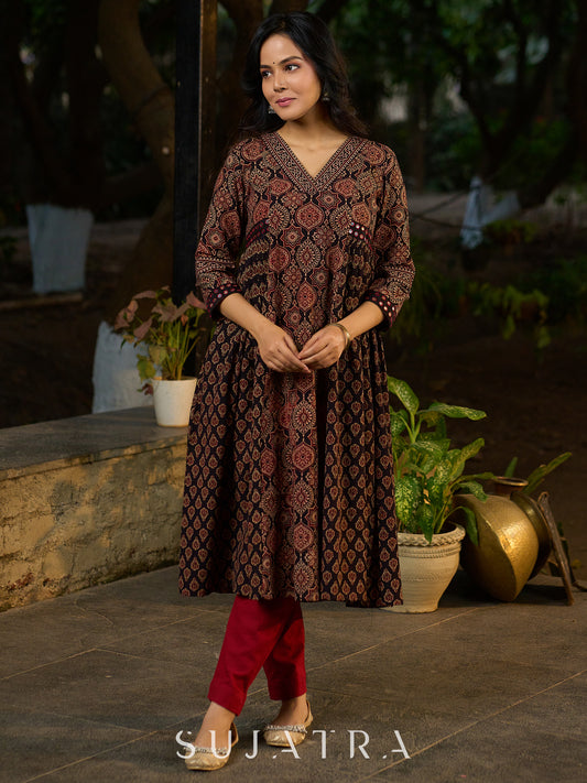 Black Ajrakh Kurta Adorned with Side Gathers and Delicate Mirror Highlights