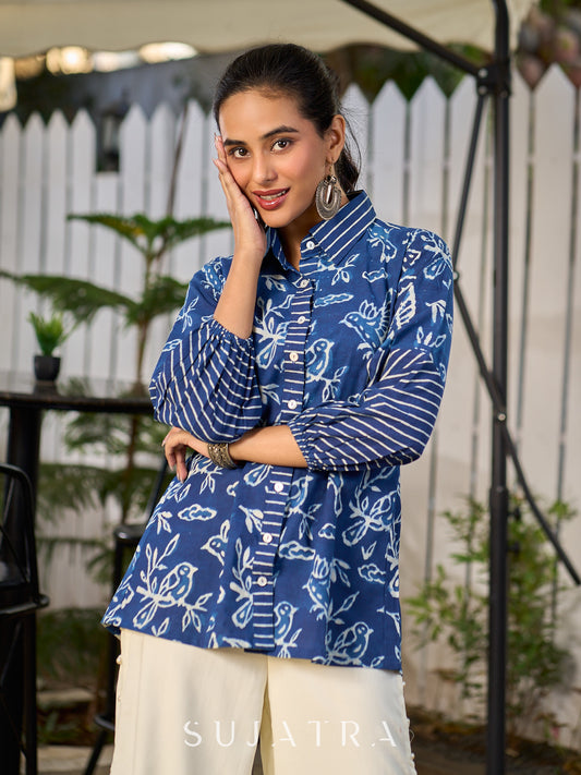 Heritage Indigo Bird Motif Cotton Shirt with Handcrafted Details