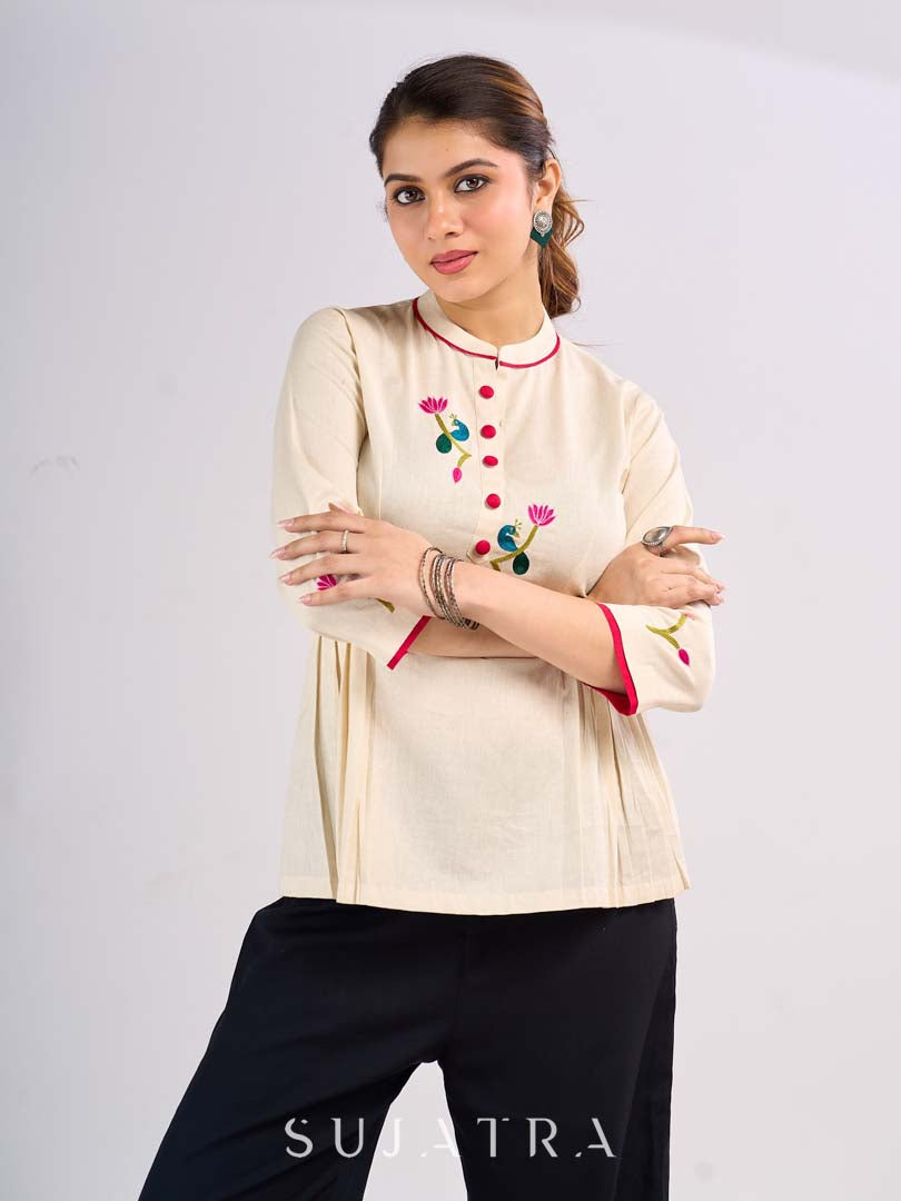 Classic Off White Cotton Gathered Top with Traditional Pichwai Hand Embroidery