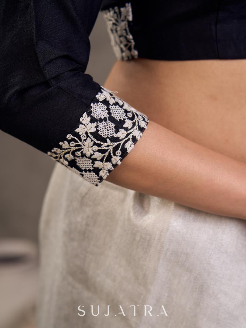 Black Cotton Silk 3/4 Sleeve Blouse with White Floral Embroidered Lace Detailing on Neckline & Cuff
