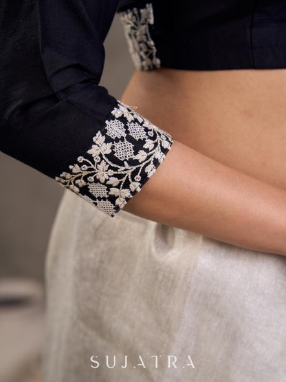 Black Cotton Silk 3/4 Sleeve Blouse with White Floral Embroidered Lace Detailing on Neckline & Cuff