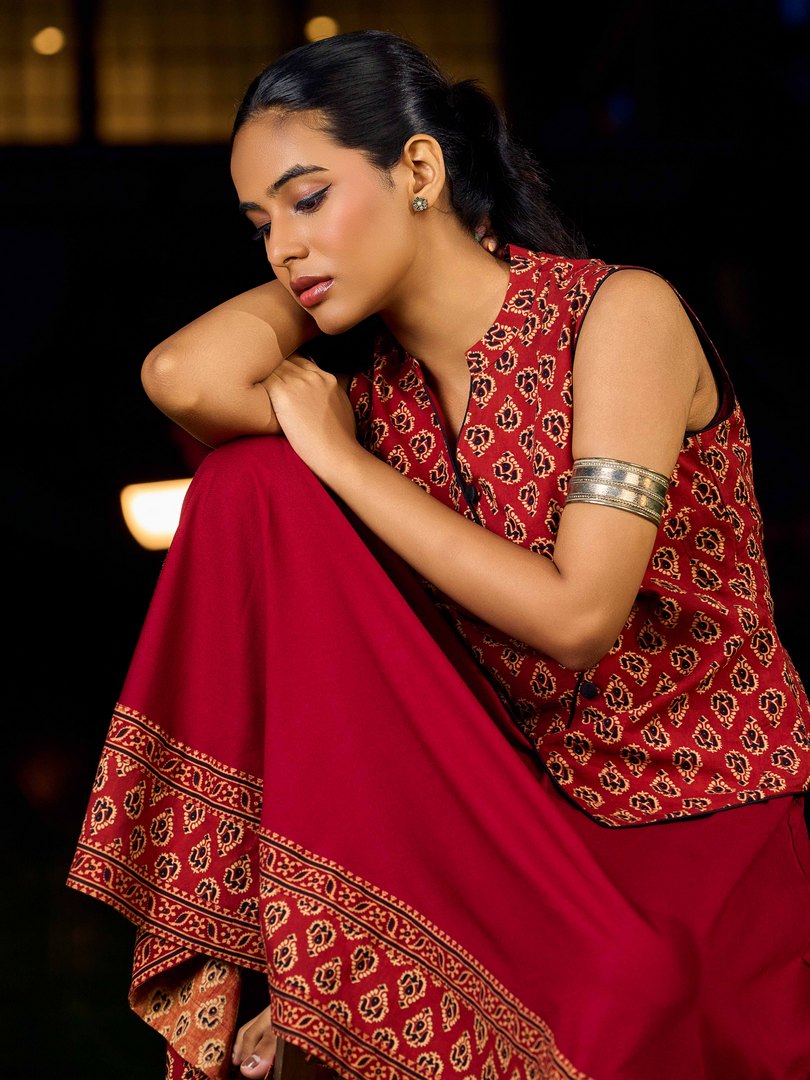Deep Maroon Ajrakh Printed Cotton Overlap Waistcoat - Dress Optional