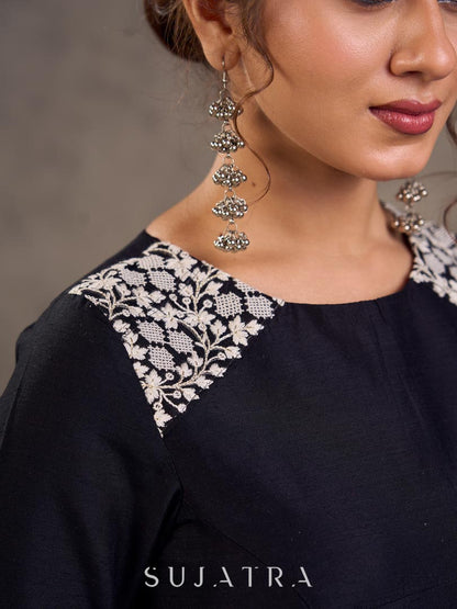 Black Cotton Silk 3/4 Sleeve Blouse with White Floral Embroidered Lace Detailing on Neckline & Cuff