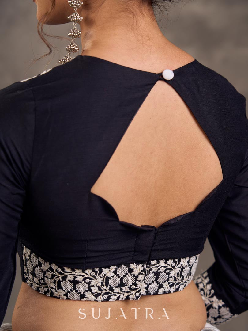 Black Cotton Silk 3/4 Sleeve Blouse with White Floral Embroidered Lace Detailing on Neckline & Cuff