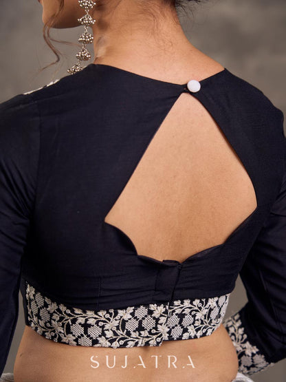 Black Cotton Silk 3/4 Sleeve Blouse with White Floral Embroidered Lace Detailing on Neckline & Cuff
