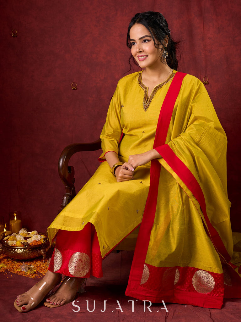 Stylish yellow Chanderi kurta featuring intricate handcrafted embroidery pant n dupatta optional