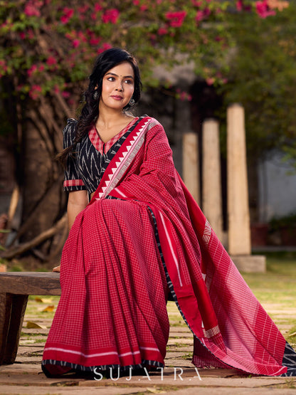 Classic Red Checkered Cotton Saree with Black Ikat Border