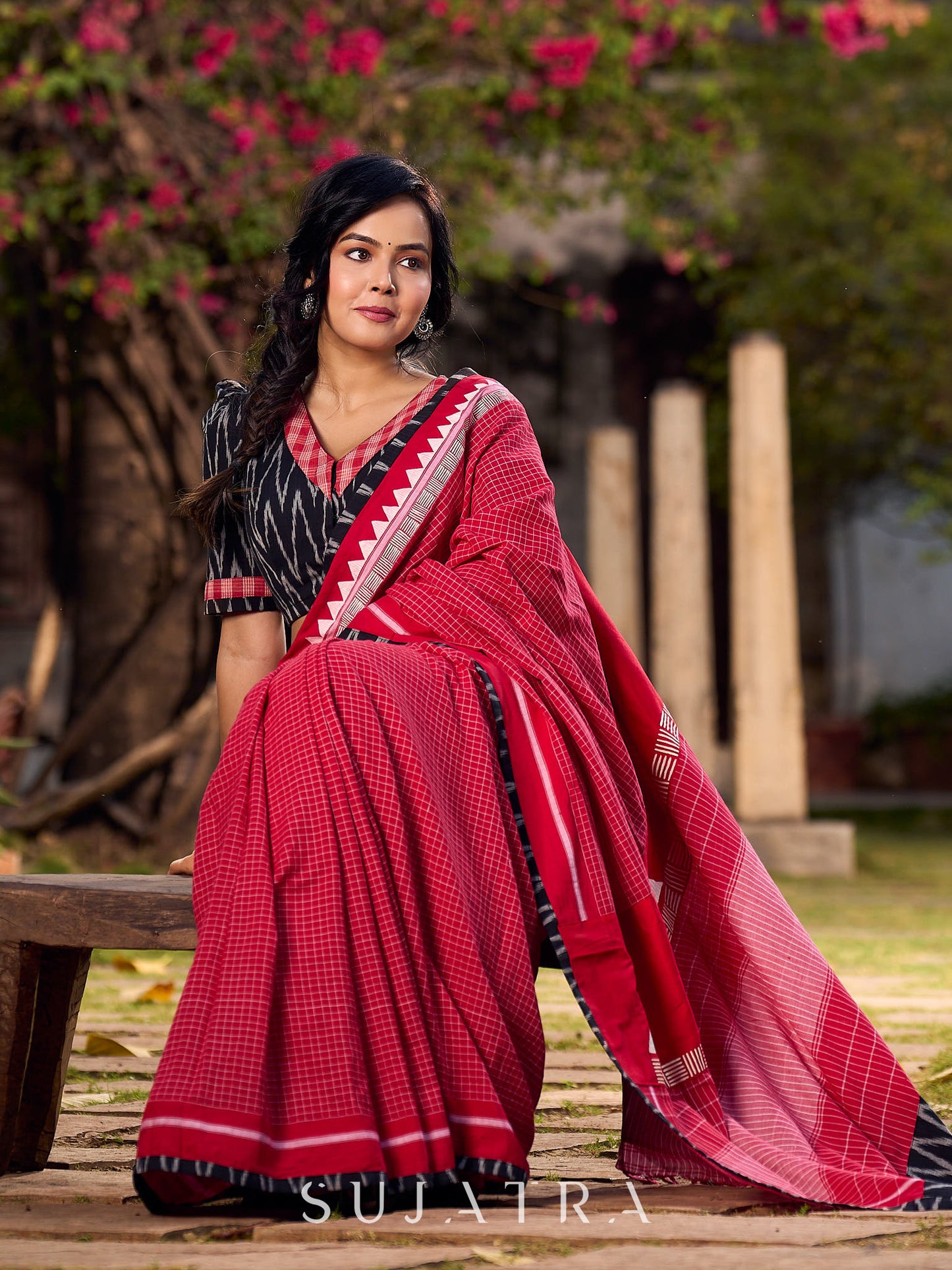 Chic Red Checkered Cotton Saree with Black Ikat Border