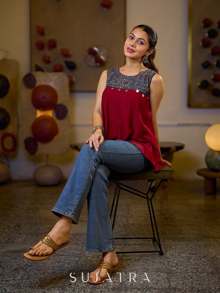 Exquisite Maroon Flared Top Featuring a Graceful Blue Ajrakh Yoke, Mirror Lace, and Delicate Silver Highlights