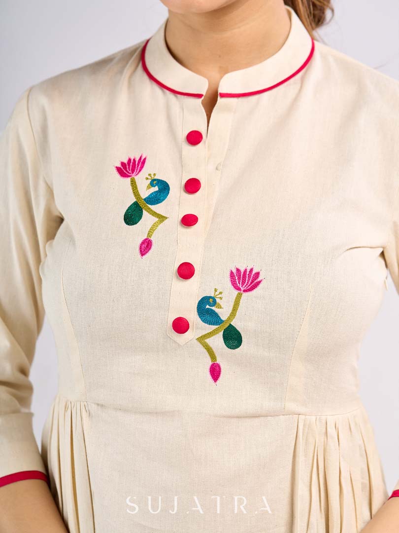 Classic Off White Cotton Gathered Top with Traditional Pichwai Hand Embroidery