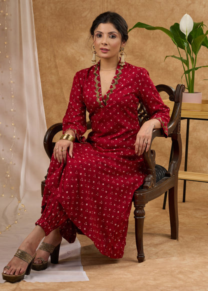 Intricately hand embroidered bandhani printed kurta Pant optional