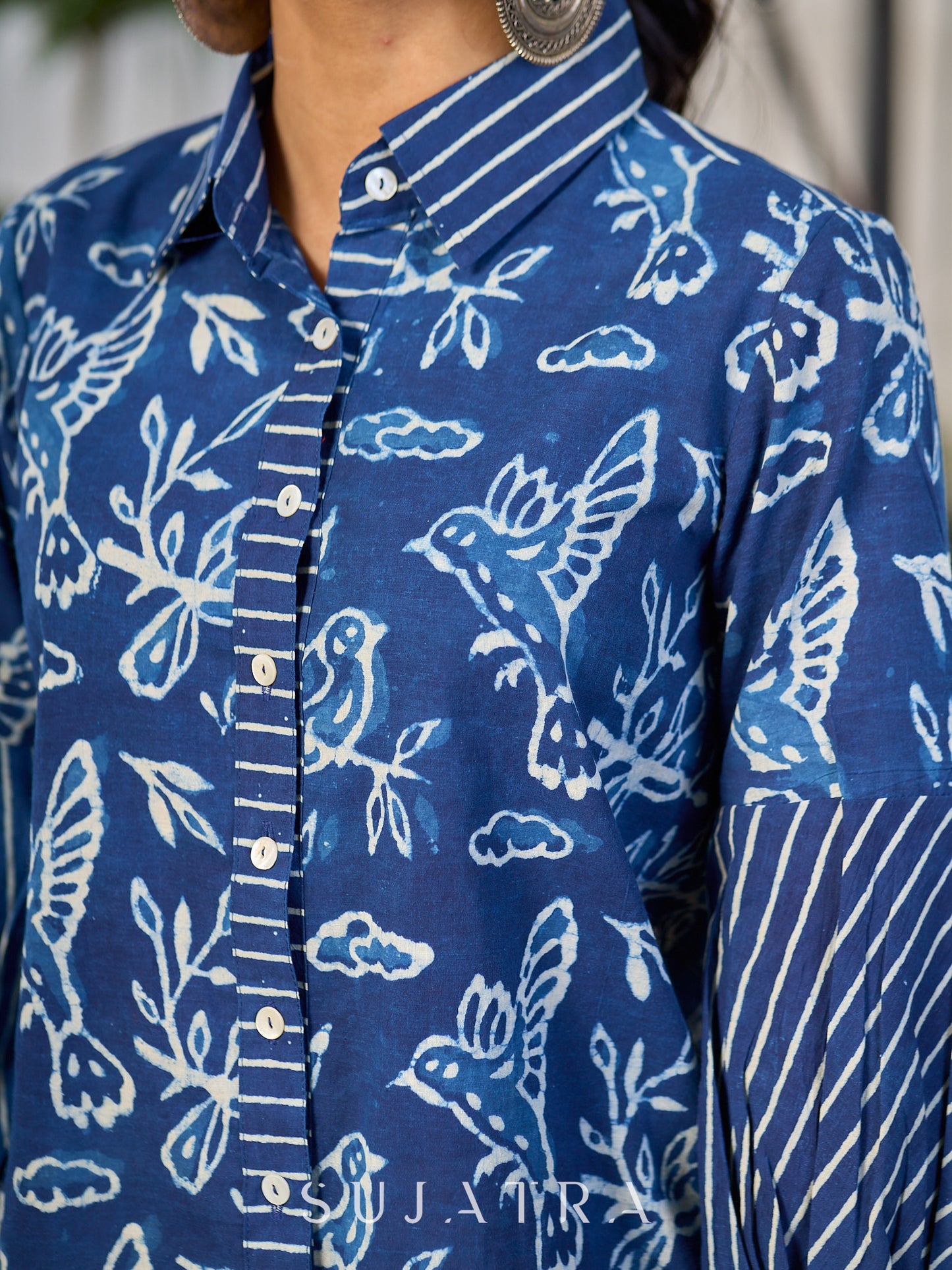 Heritage Indigo Bird Motif Cotton Shirt with Handcrafted Details