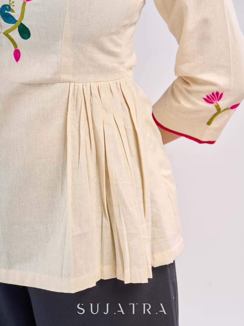 Classic Off White Cotton Gathered Top with Traditional Pichwai Hand Embroidery