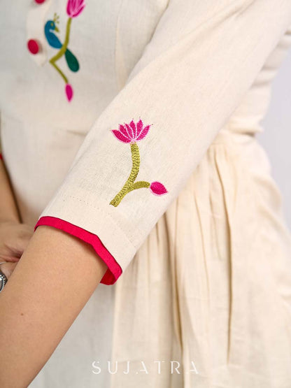 Classic Off White Cotton Gathered Top with Traditional Pichwai Hand Embroidery