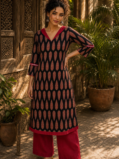 Striking Black Ajrakh Block Print Straight Kurta with Bold Maroon Collar & Mirror Cuff Accent
