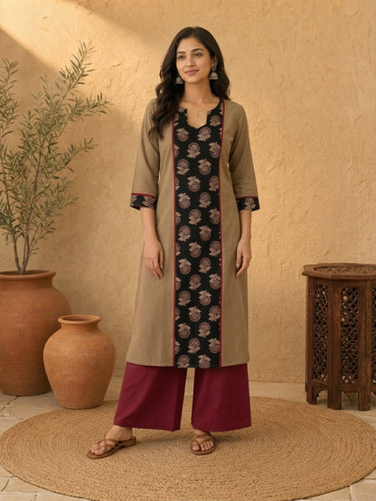 Timeless Khaki Cotton Kurta with Striking Black Ajrakh Floral Panel & Contrast Maroon Accent