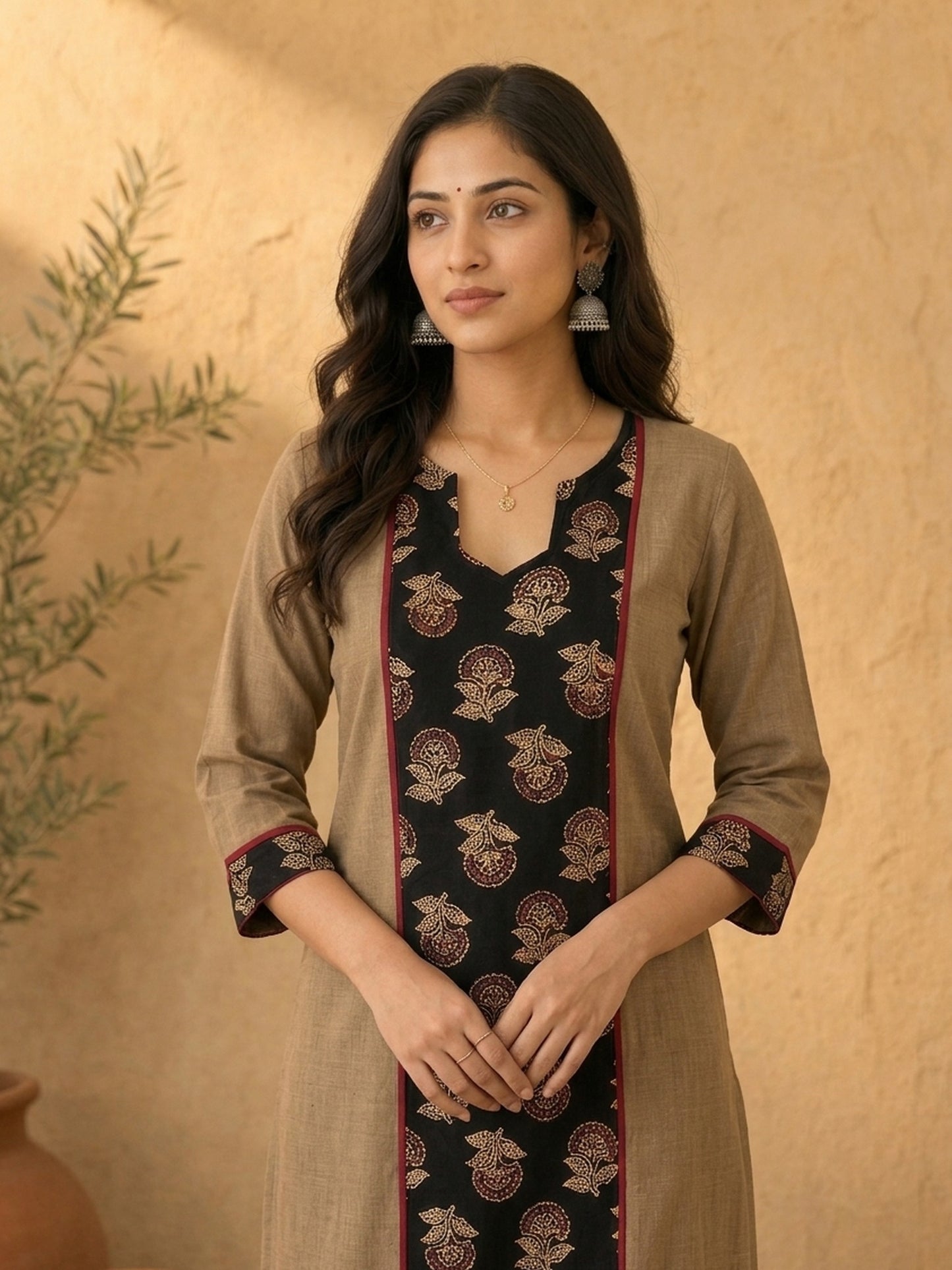 Timeless Khaki Cotton Kurta with Striking Black Ajrakh Floral Panel & Contrast Maroon Accent