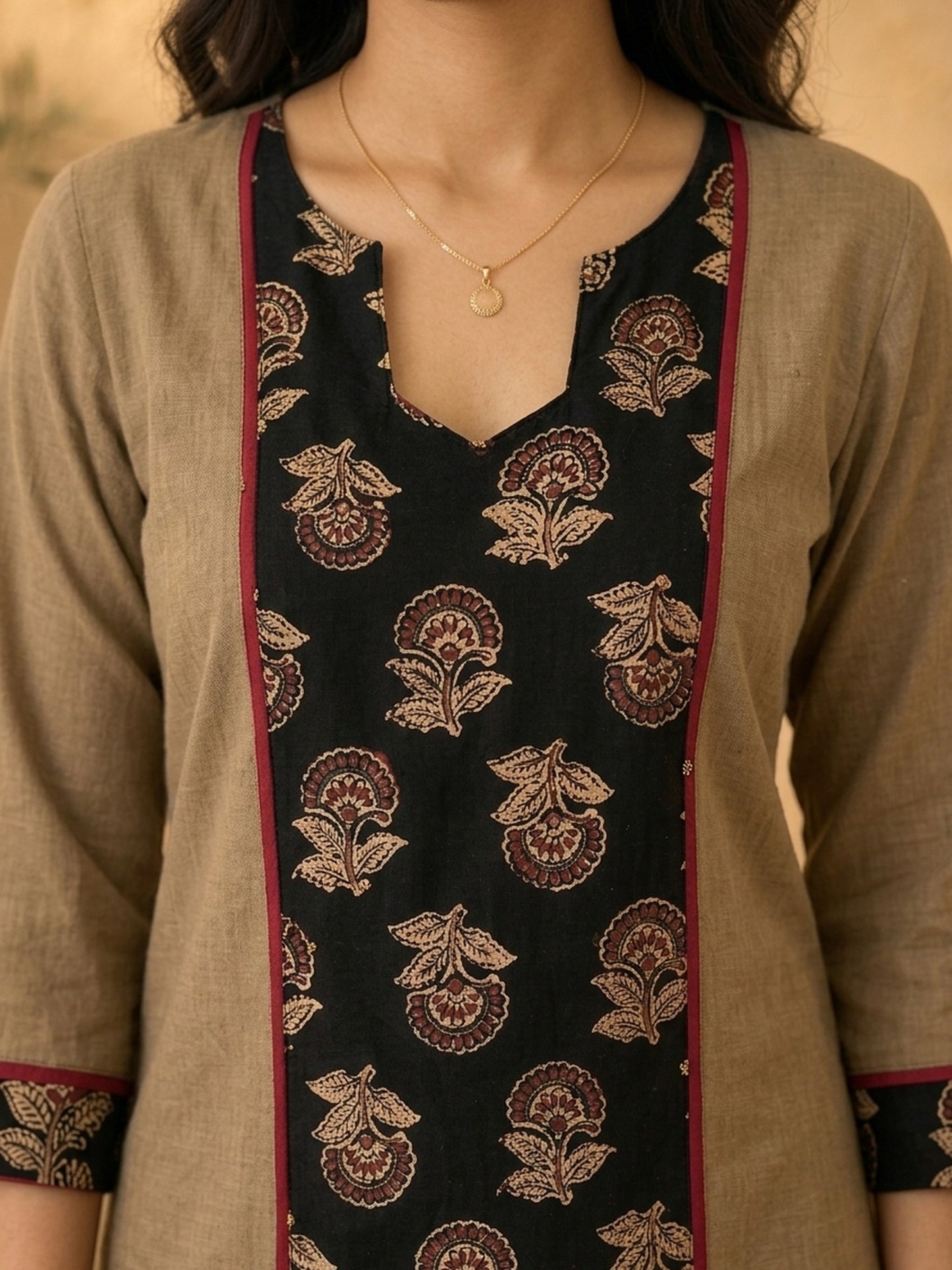Timeless Khaki Cotton Kurta with Striking Black Ajrakh Floral Panel & Contrast Maroon Accent