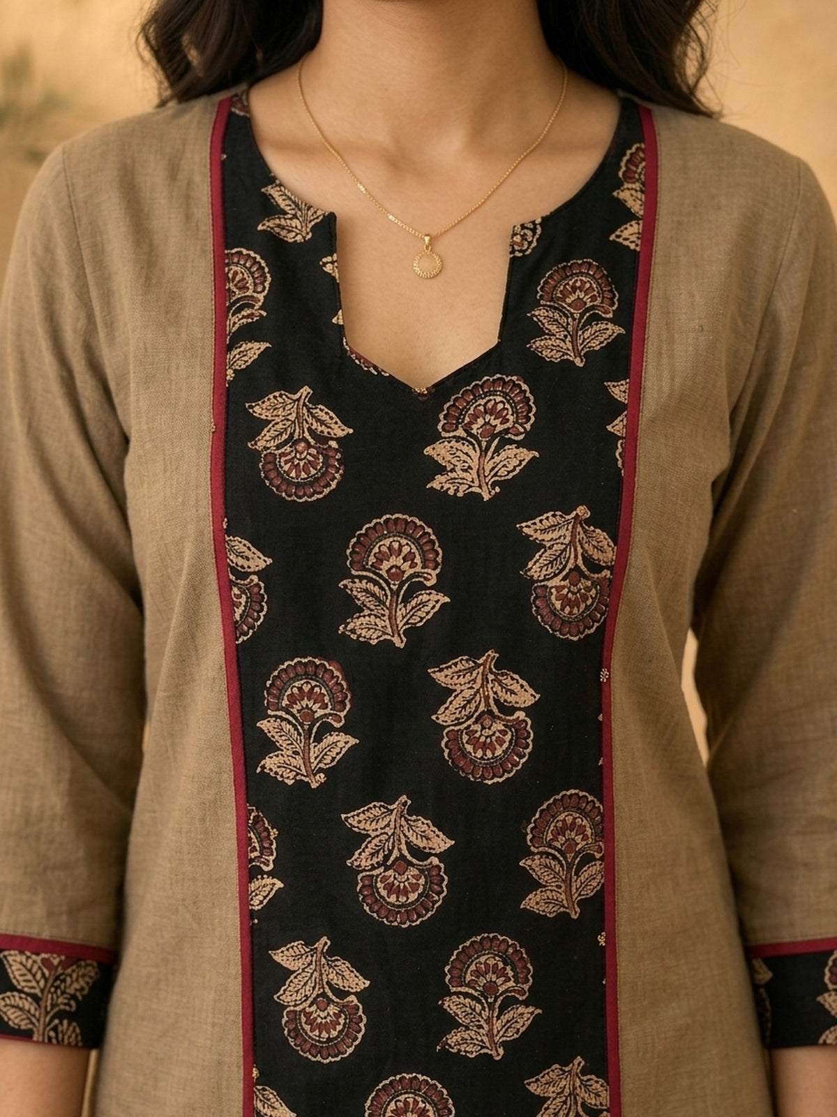 Dussehra Sale — Timeless Khaki Cotton Kurta with Striking Black Ajrakh Floral Panel & Contrast Maroon Accent - Pant Optional
