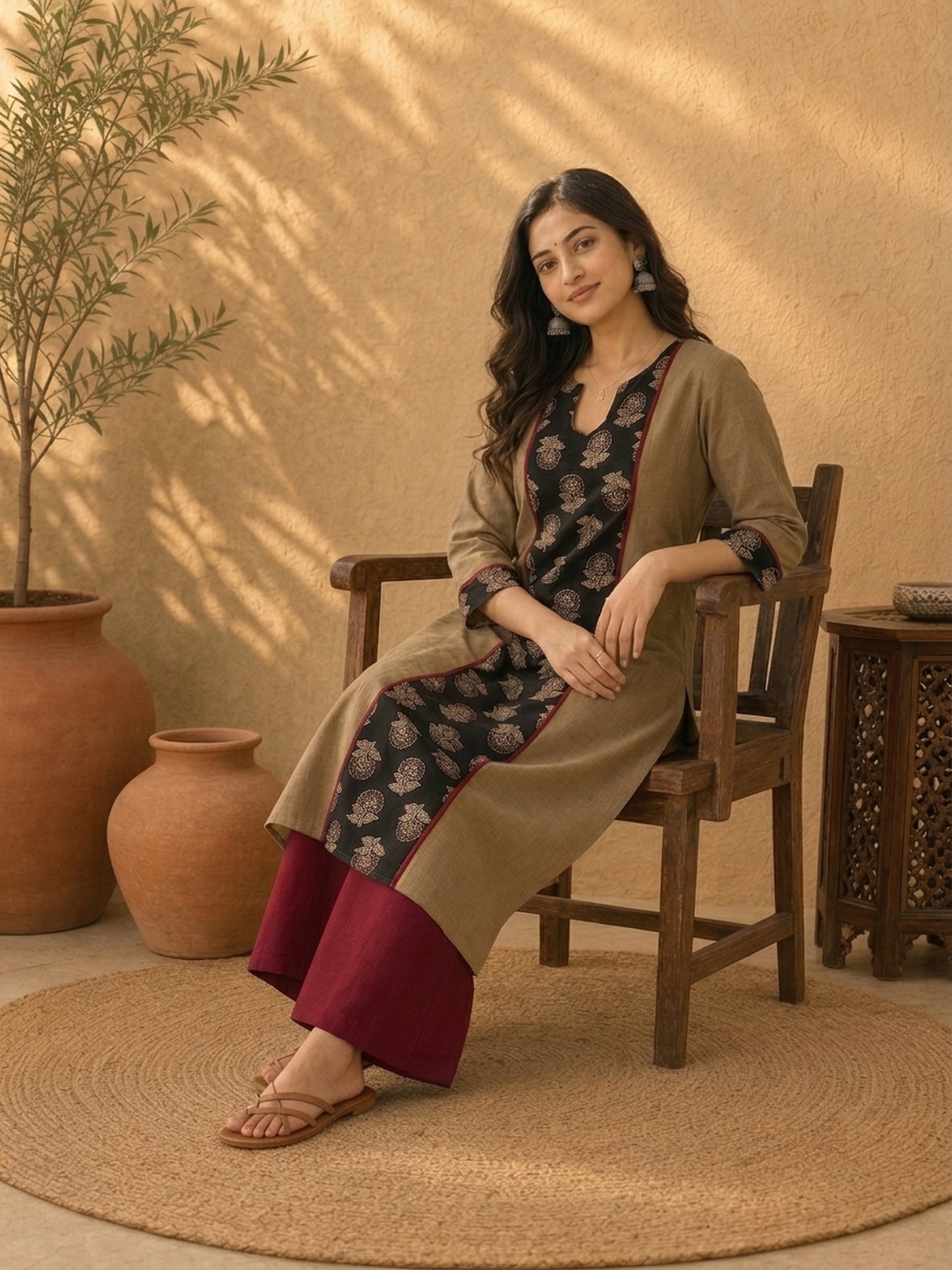 Timeless Khaki Cotton Kurta with Striking Black Ajrakh Floral Panel & Contrast Maroon Accent