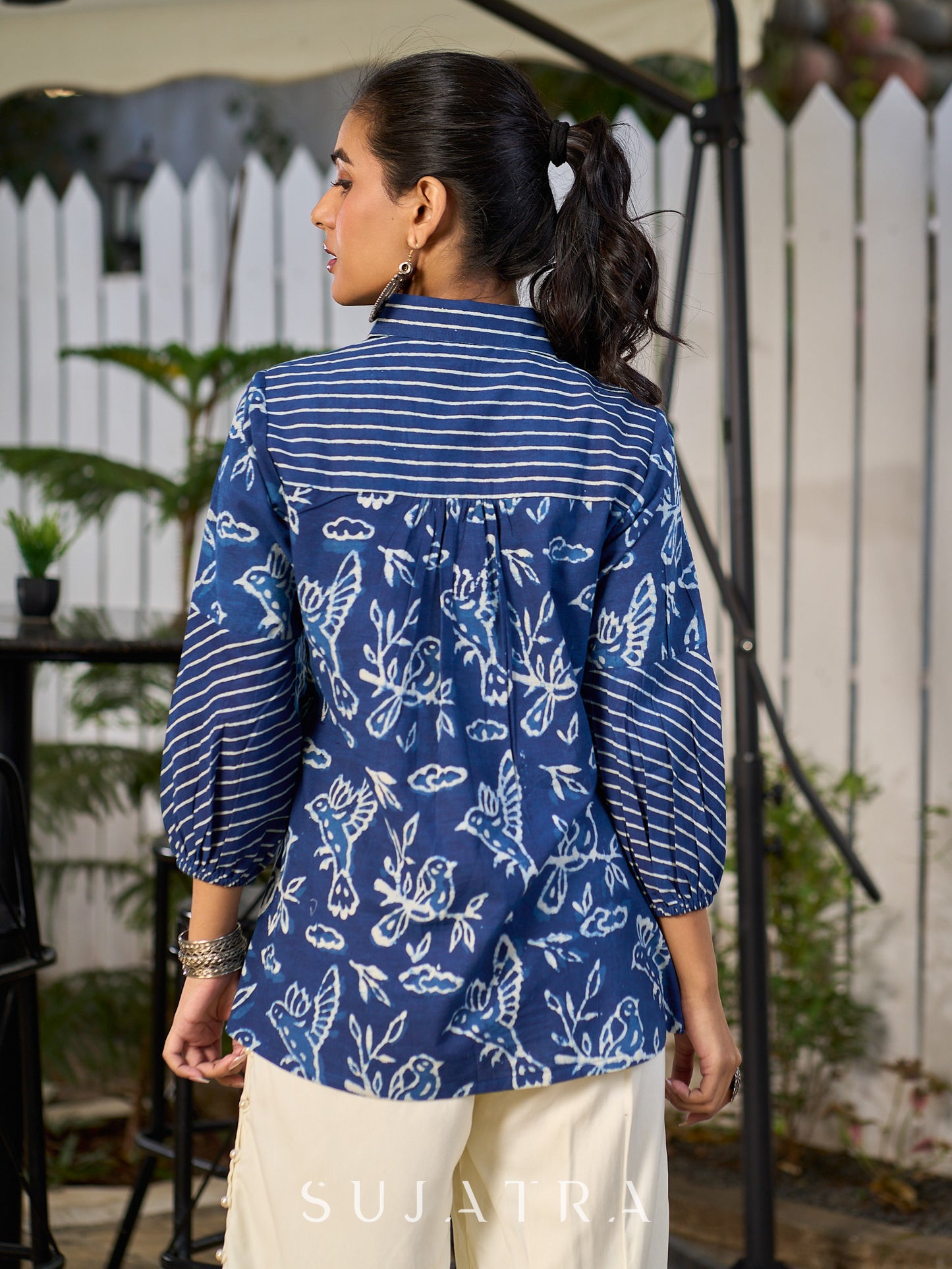 Heritage Indigo Bird Motif Cotton Shirt with Handcrafted Details