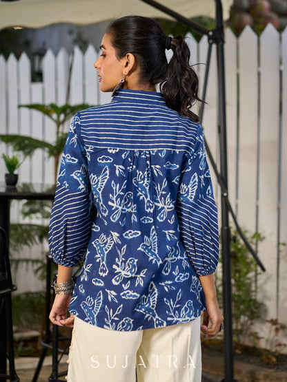 Heritage Indigo Bird Motif Cotton Shirt with Handcrafted Details