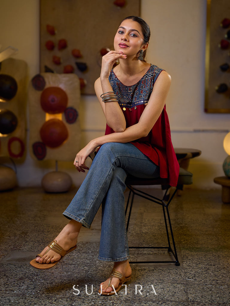 Exquisite Maroon Flared Top Featuring a Graceful Blue Ajrakh Yoke, Mirror Lace, and Delicate Silver Highlights