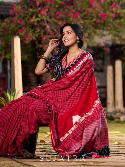 Chic Red Checkered Cotton Saree with Black Ikat Border