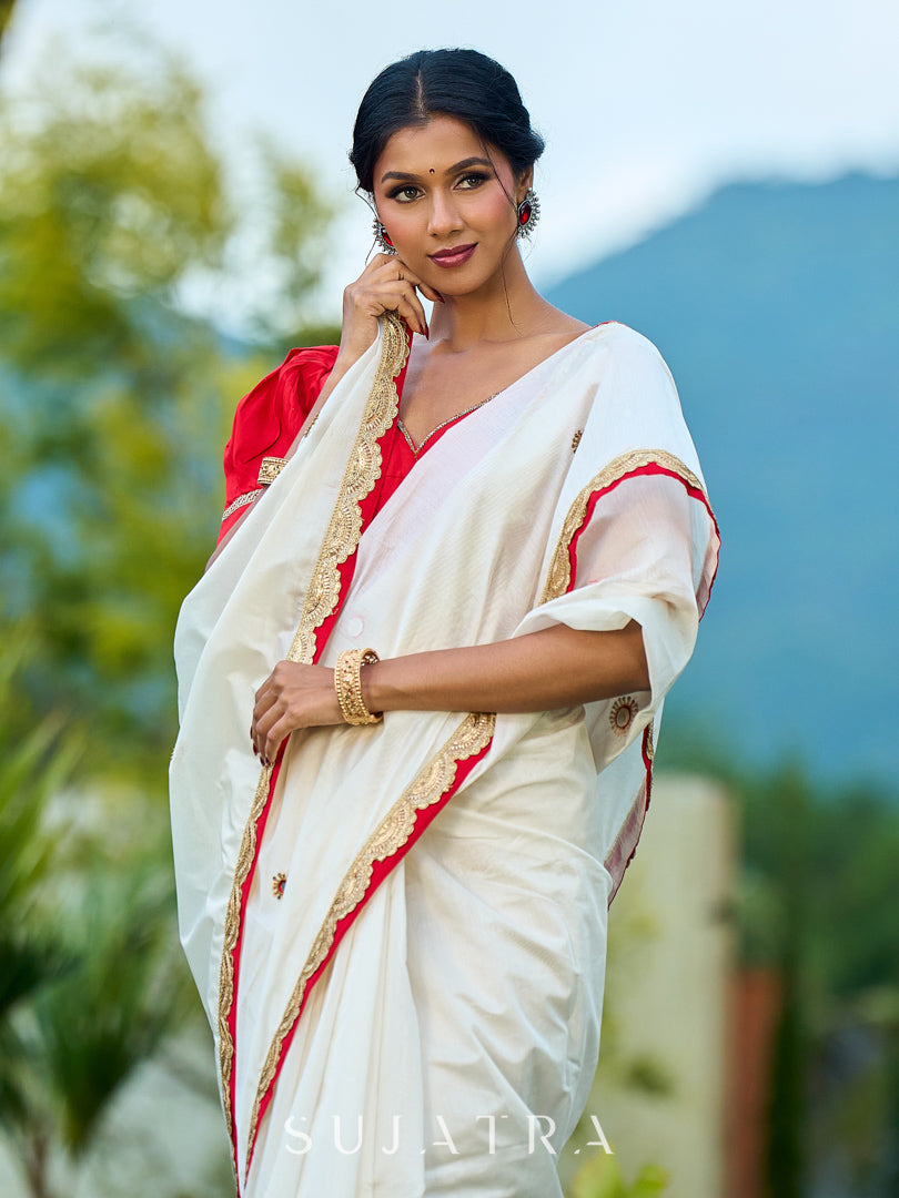 Traditional Ivory Chanderi Saree with Red-Gold Scalloped Border & Hand Embroidered Pallu
