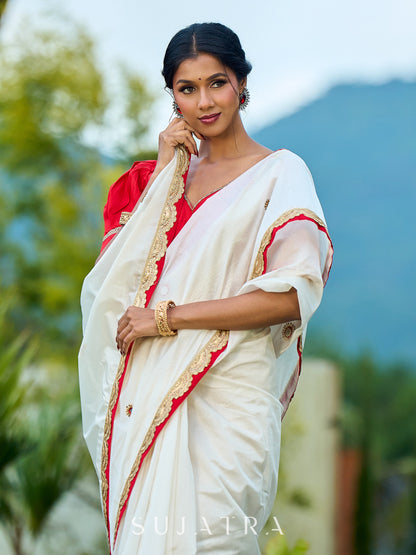 Traditional Ivory Chanderi Saree with Red-Gold Scalloped Border & Hand Embroidered Pallu