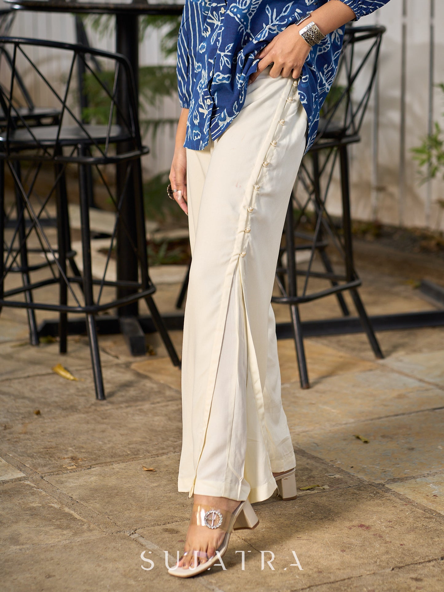Beautiful Off White Rayon Double-Layer Flared Pant With Pearl Highlights
