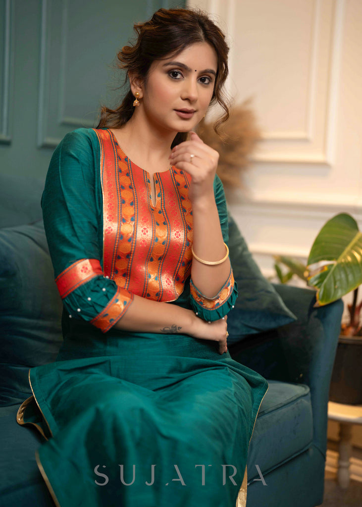 Touch-neck Brocade kurta with silk skirt | Long kurti designs, Fancy sarees  party wear, Kurta designs women