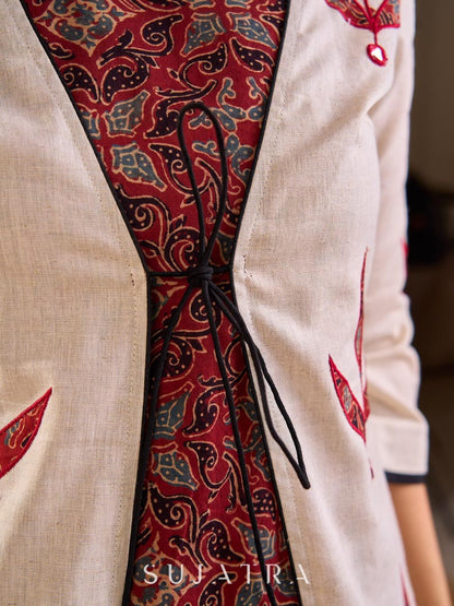Timeless Off White Cotton Open Front Long Jacket with Ajrakh Applique and Tassel Detail