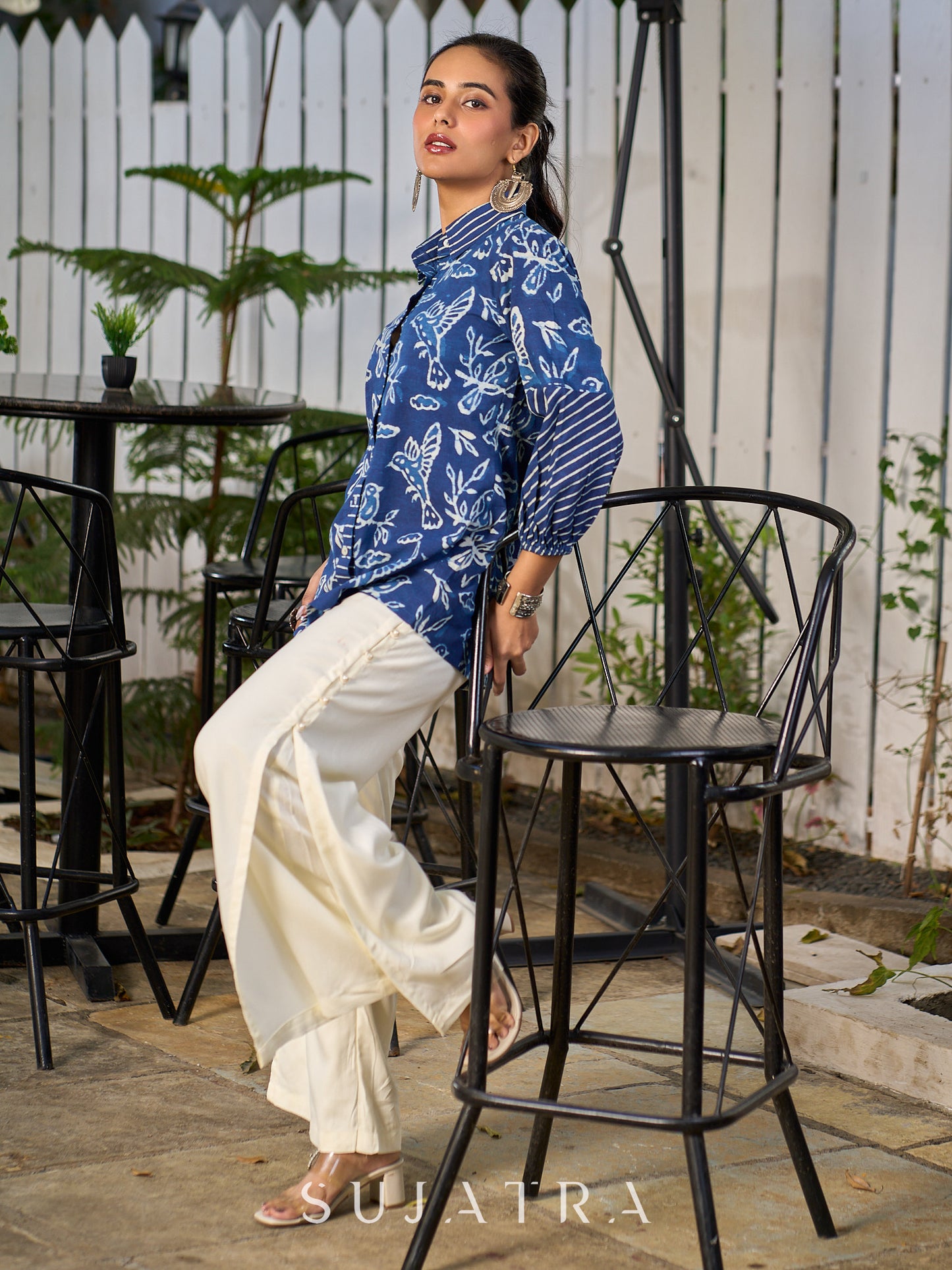 Heritage Indigo Bird Motif Cotton Shirt with Handcrafted Details