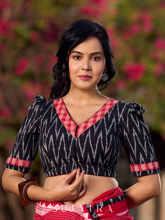 Black Ikat Cotton Blouse with Highlighted Neckline