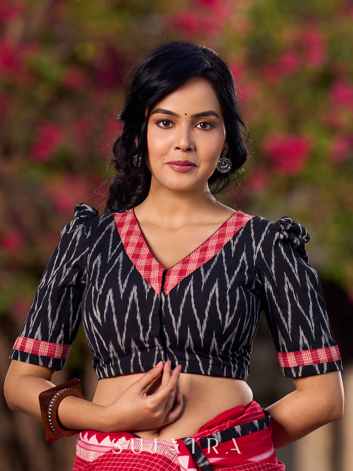 Artisanal Black Ikat Cotton Blouse with Highlighted Neckline