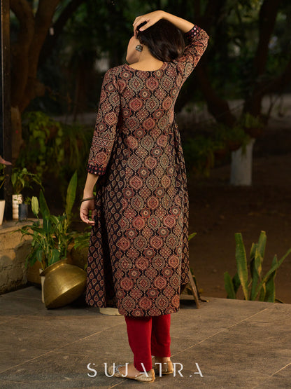 Black Ajrakh Kurta Adorned with Side Gathers and Delicate Mirror Highlights