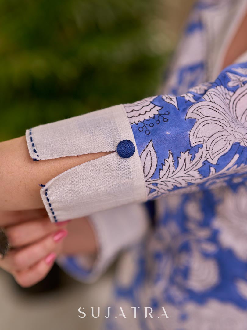Breezy Blue Floral Print Cotton Kurta with Handcrafted Kantha Stitch White Collar & Cuffs