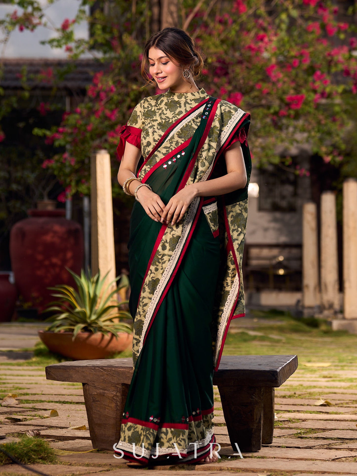 Chic Dark Green Silk Saree with Natural Floral Print Border