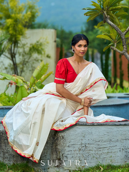 Traditional Ivory Chanderi Saree with Red-Gold Scalloped Border & Hand Embroidered Pallu
