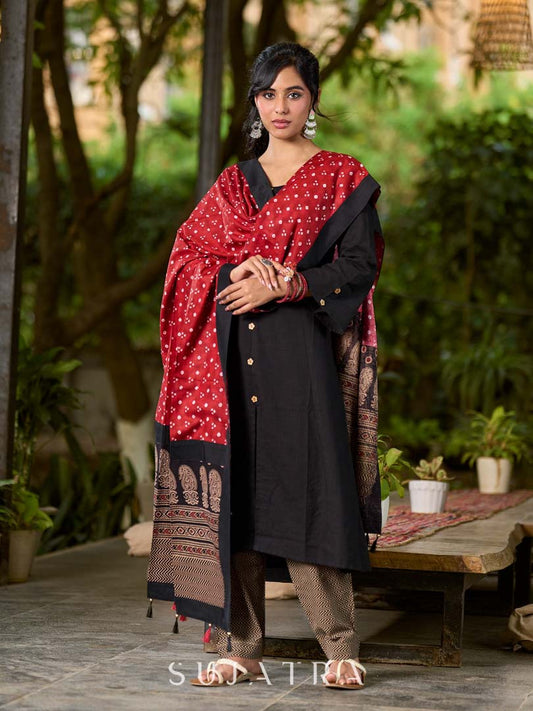 Elegant Maroon Bandhani Dupatta with Traditional Ajrakh Printed Border