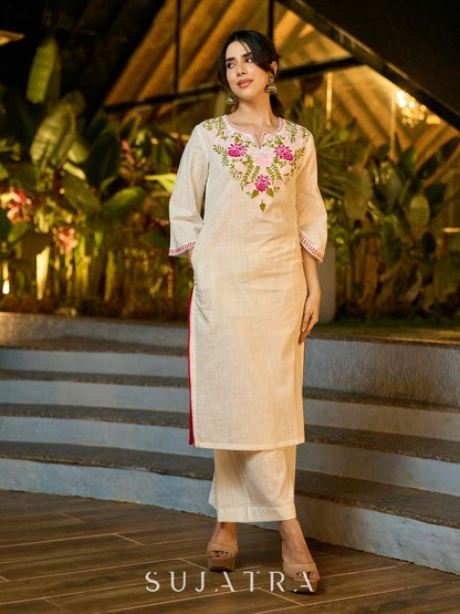 Graceful White Cotton Kurta Adorned with Striking Kashida Embroidery