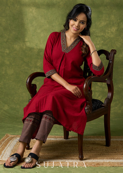 Trendy Maroon Cotton Ajrakh Pleated Kurta - Pant Optional