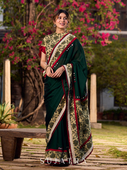 Chic Dark Green Silk Saree with Natural Floral Print Border