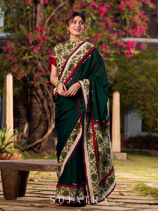 Chic Dark Green Silk Saree with Natural Floral Print Border