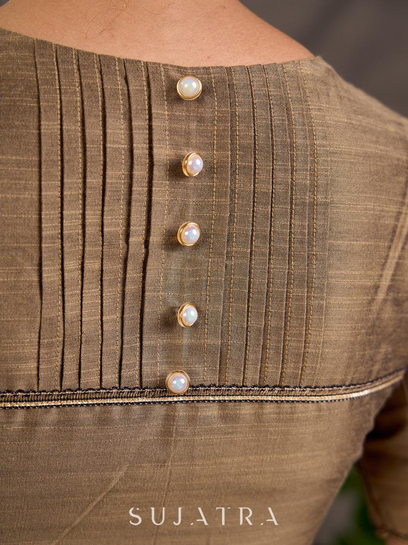 Warm Beige Cotton Silk V-Neck Blouse