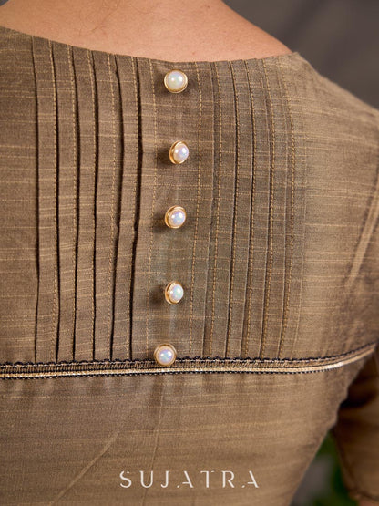 Warm Beige Cotton Silk V-Neck Blouse