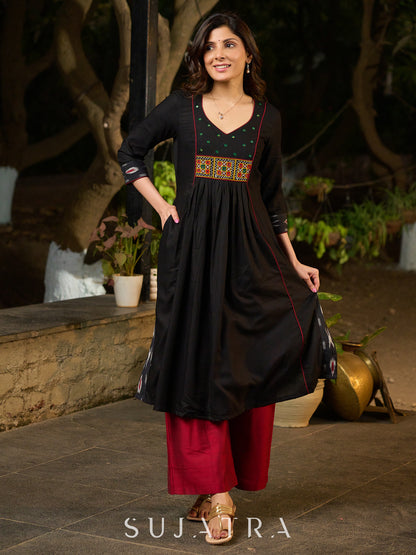 Dussehra Sale — Black Rayon Panel Kurta with Ikat Accents in Sleeves and Flare, Embellished with Delicate Mirrors