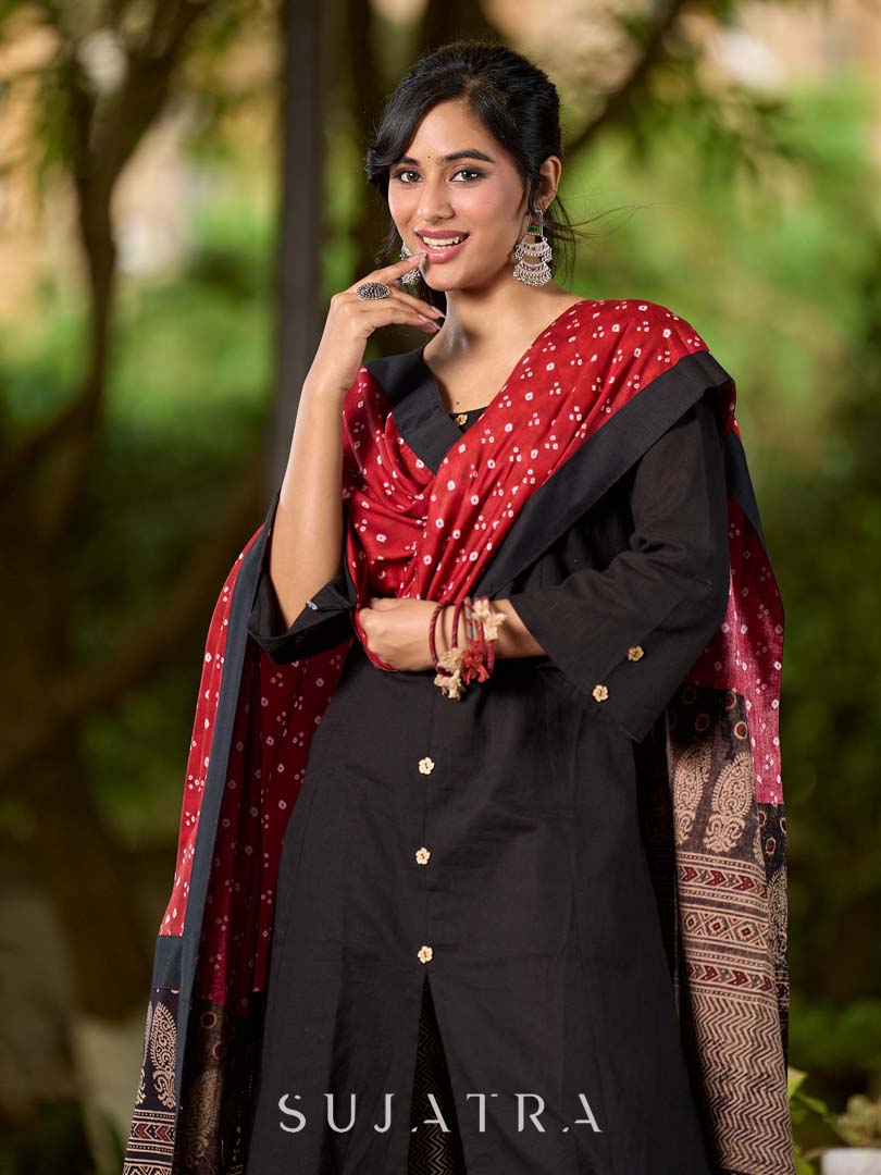 Elegant Maroon Bandhani Dupatta with Traditional Ajrakh Printed Border