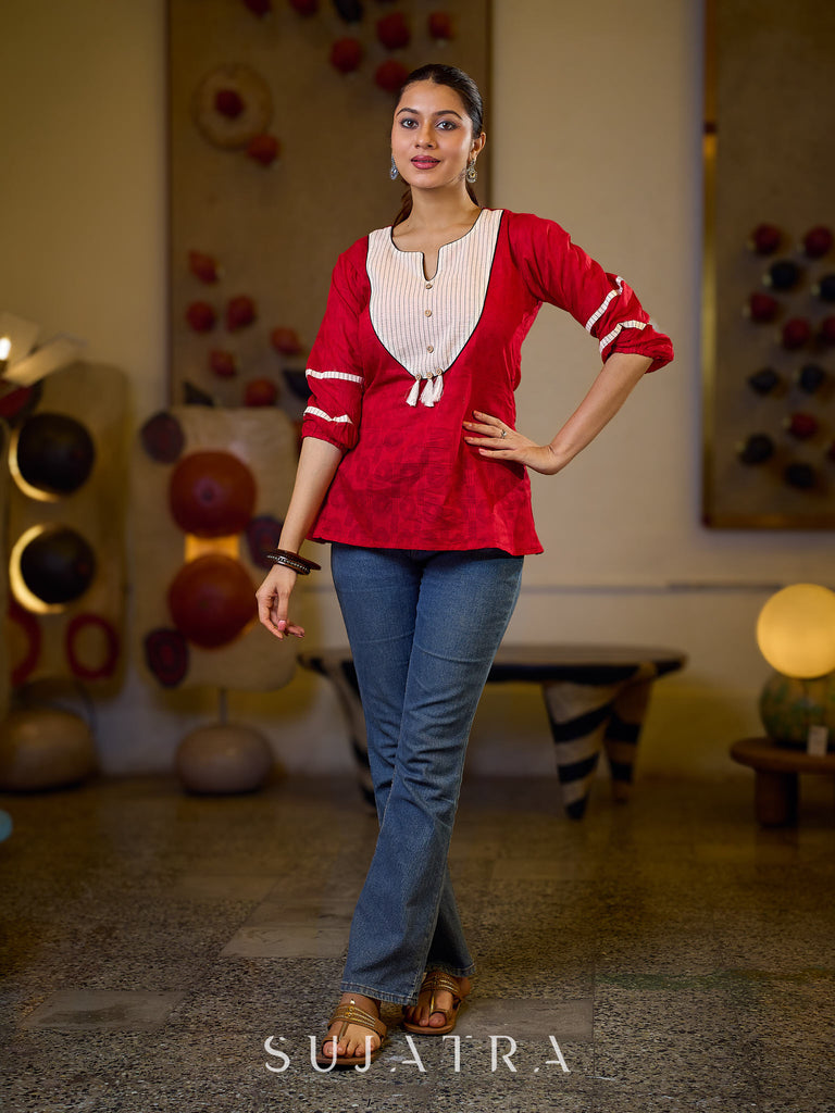 Regal Red Jacquard Woven Cotton Top with Traditional Kantha Striped Yoke Detail